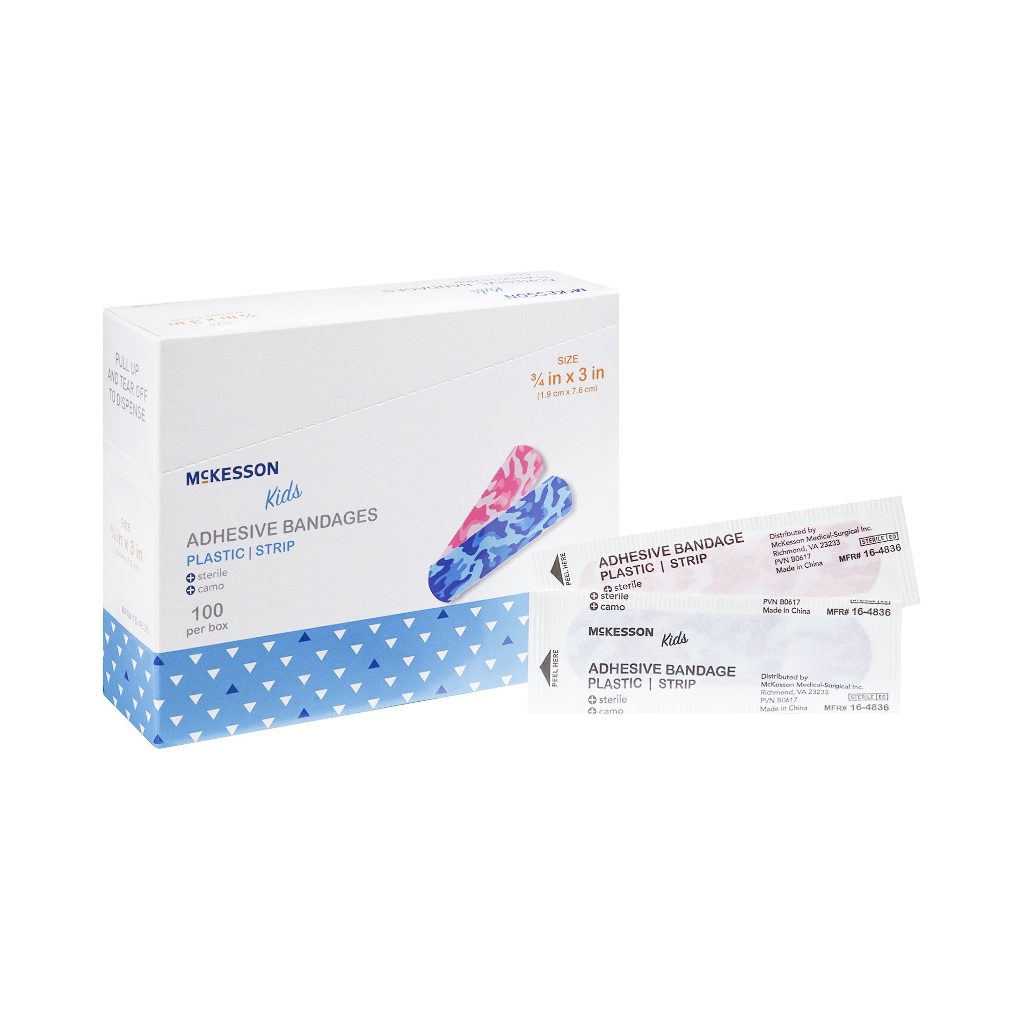 McKesson Brand - Adhesive Strip McKesson Kids™ 3/4 X 3 Inch Plastic Rectangle Kid Design (Blue / Pink Camo) Sterile [100/BX]