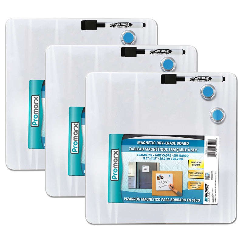PROMARX - Magnetic Dry-Erase Board with Dry-Erase Marker & Two Magnets, 11.5" x 11.5", 3 Sets