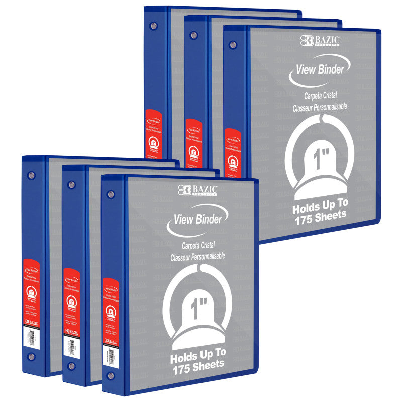 BAZIC PRODUCTS - 3-Ring View Binder with 2 Pockets, 1", Blue, Pack of 6