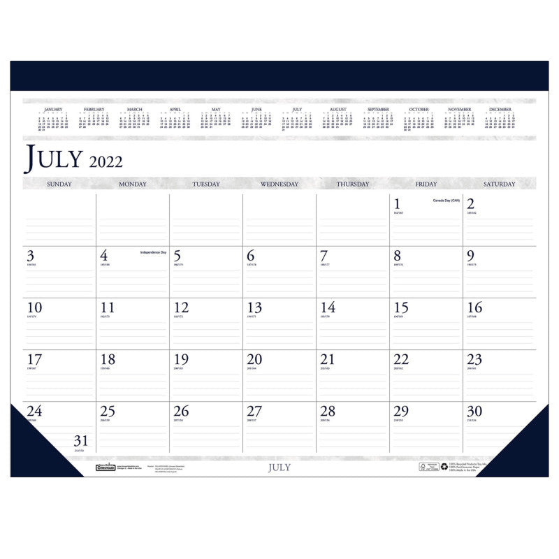 HOUSE OF DOOLITTLE - Monthly Academic Calendar Classic Desk Pad, 14 Months (Jul-Aug), 22" x 17"