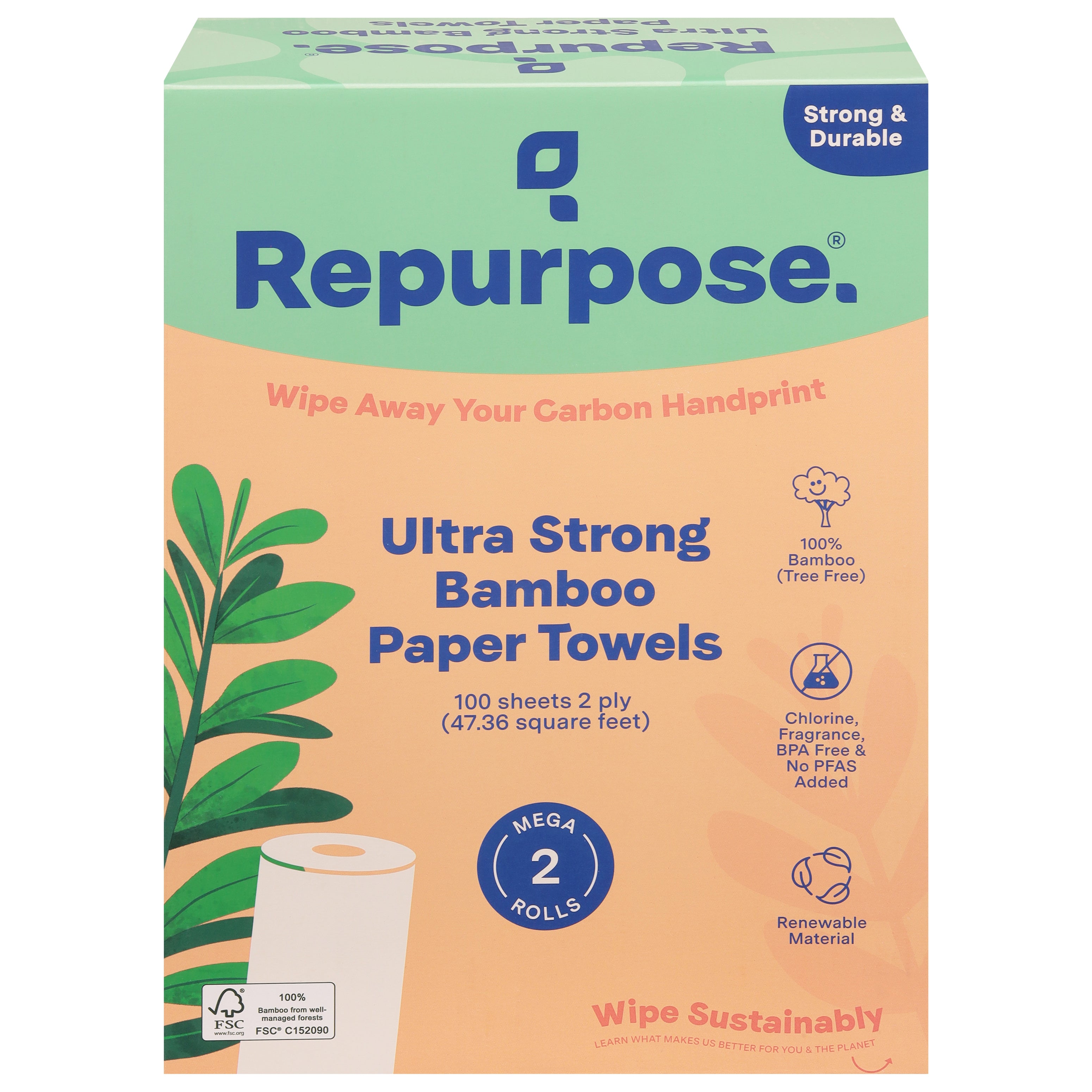 Repurpose Ultra Strong Bamboo Paper Towels Mega Rolls 2 ea - Case of 12