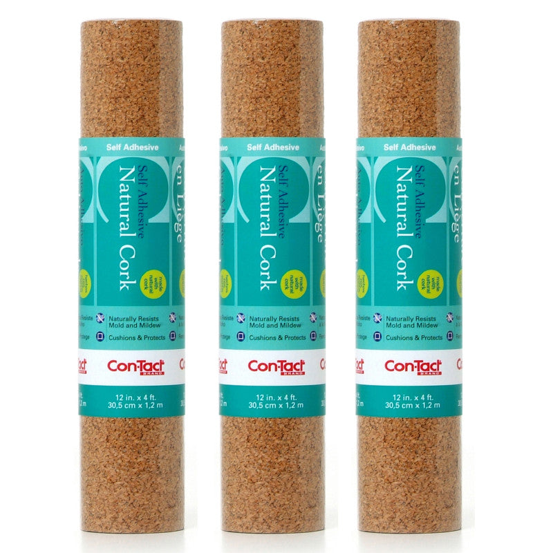 CON-TACT BRAND - Adhesive Roll, Cork, 12" x 4', Pack of 3