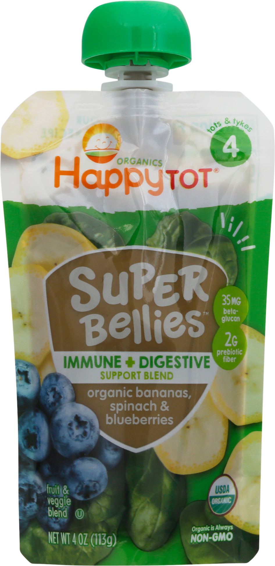 HappyTot Organics Super Bellies Bananas, Spinach & Blueberries Fruit & Veggie Blend 4 oz - Case of 16