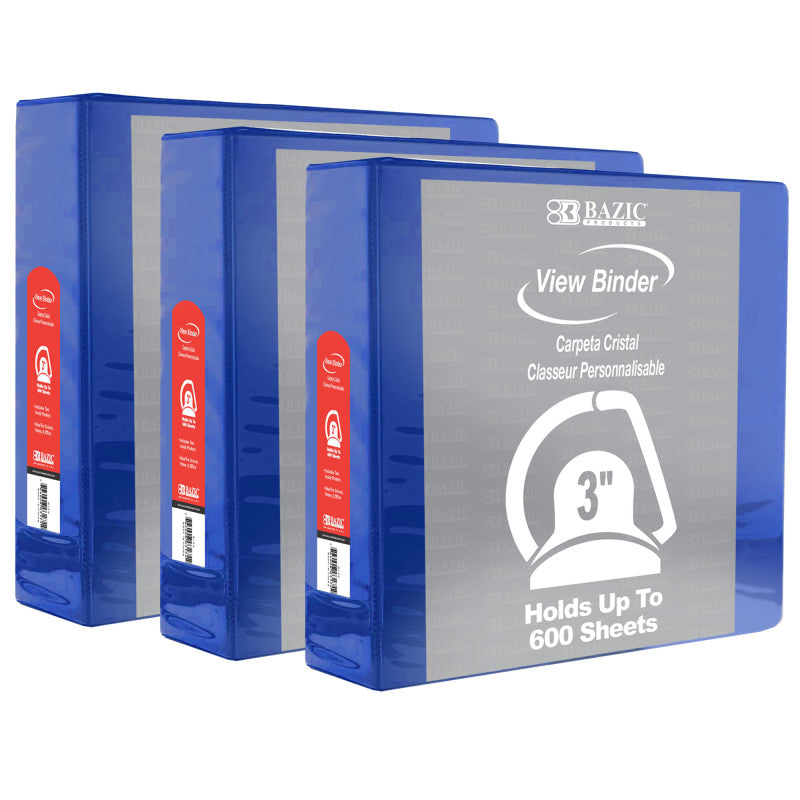 BAZIC PRODUCTS - Slant D Ring View Binder with 2 Pockets, 3", Blue, Pack of 3