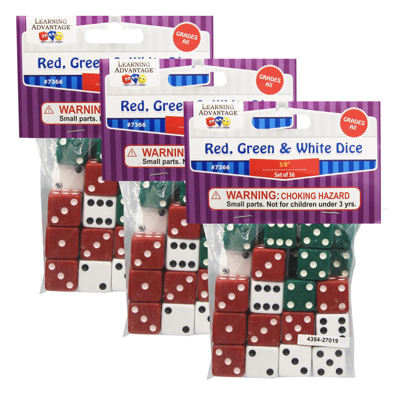 LEARNING ADVANTAGE - Dot Dice - Red/Green/White - 36 Per Pack, 3 Packs