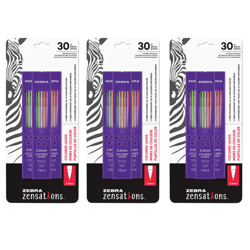 ZENSATIONS - Mechanical Colored Pencil Lead Refill, 2.0mm Point Size, Assorted Colored Lead, 30 Per Pack, 3 Packs