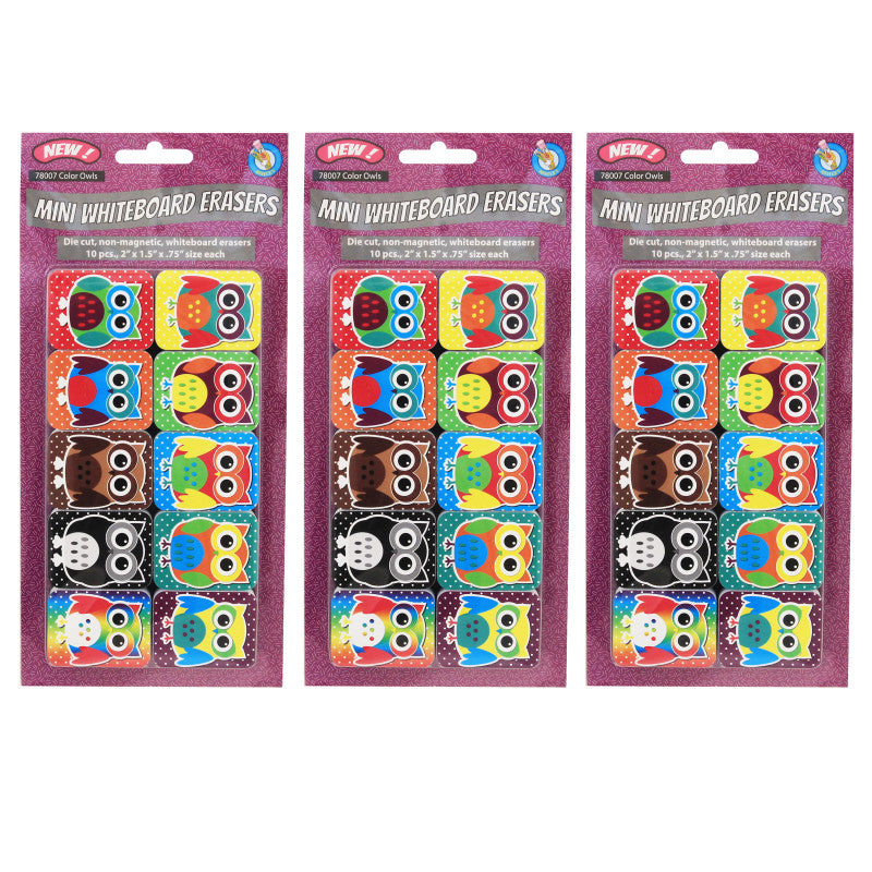 ASHLEY PRODUCTIONS - Non-Magnetic Mini Whiteboard Erasers, Color Owls, 10 Per Pack, 3 Packs