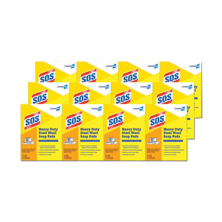 S.O.S. - Steel Wool Soap Pads, 4 x 5, Steel, 15 Pads/Box, 12 Boxes/Carton
