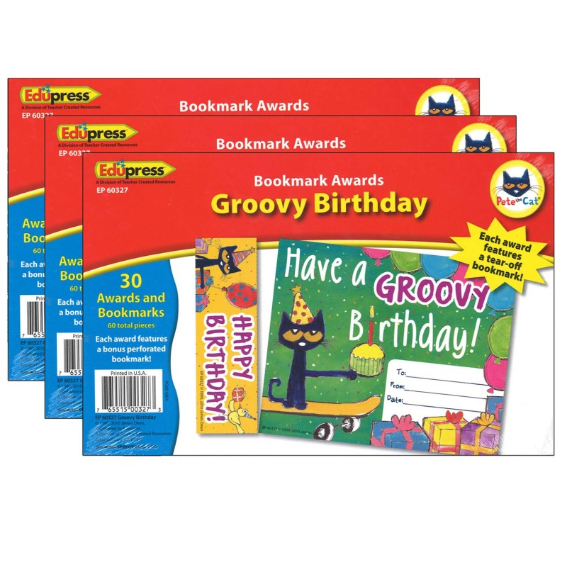 EDUPRESS - Pete the Cat Groovy Birthday Bookmark Awards, 30 Per Pack, 3 Packs