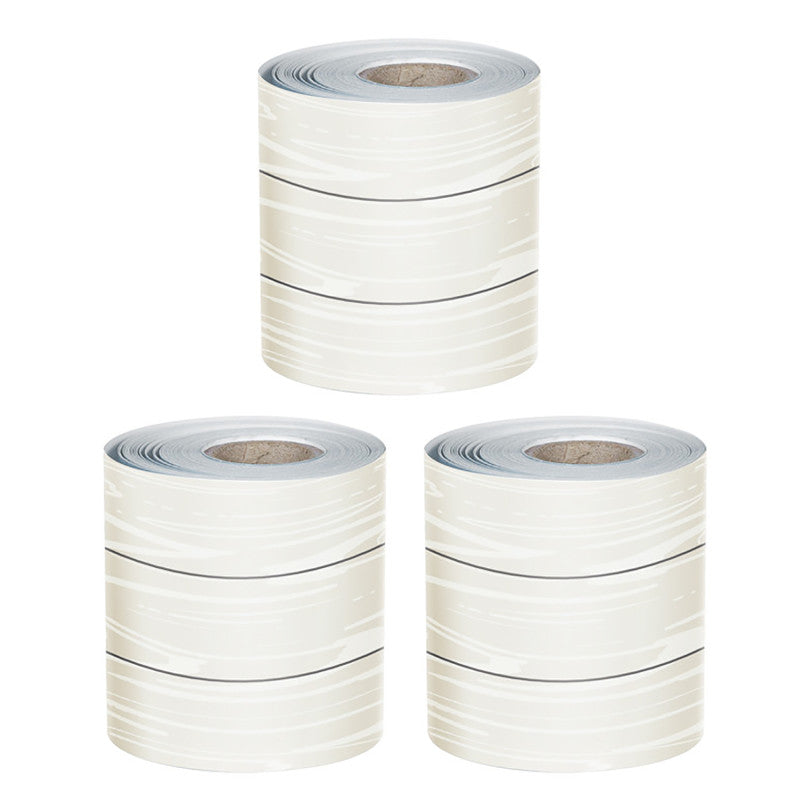CARSON DELLOSA EDUCATION - White Wood Grain Rolled Straight Borders, 65 Feet Per Roll, Pack of 3