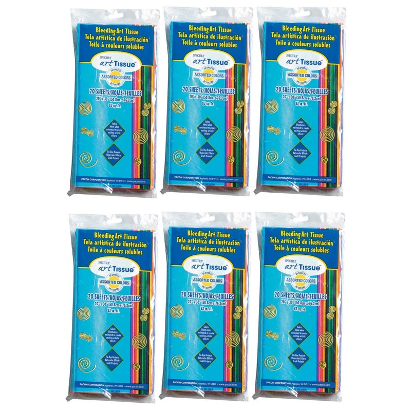 SPECTRA - Deluxe Bleeding Art Tissue, 20 Assorted Colors, 20" x 30", 20 Sheets Per Pack, 6 Packs