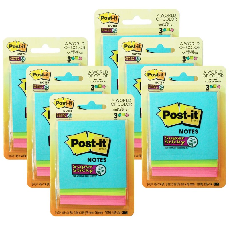 POST-IT - Super Sticky Notes, 3" x 3", Miami Collection, 3 Pads/Pack, 6 Packs