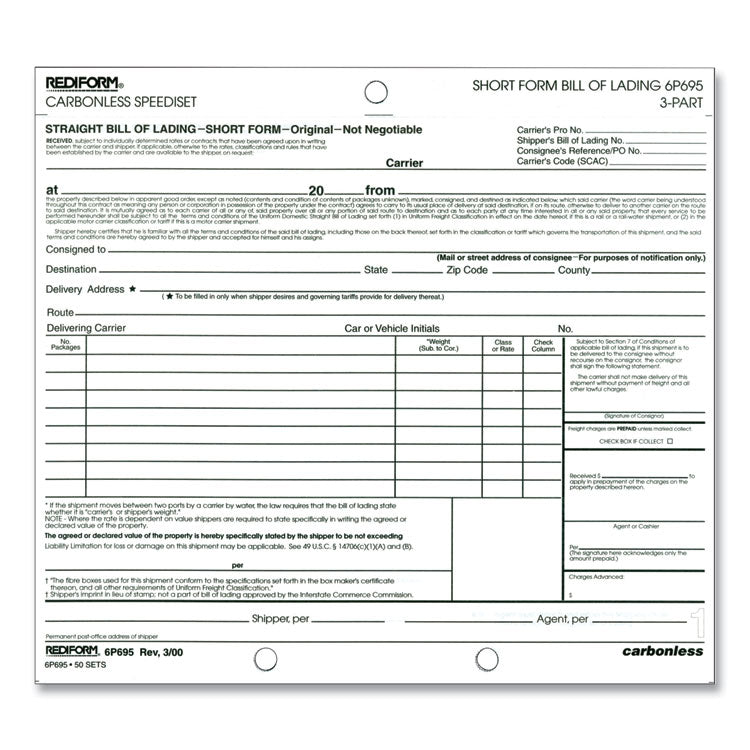 Rediform - Bill of Lading, Short Form, Three-Part Carbonless, 7 x 8.5, 1/Page, 50 Forms