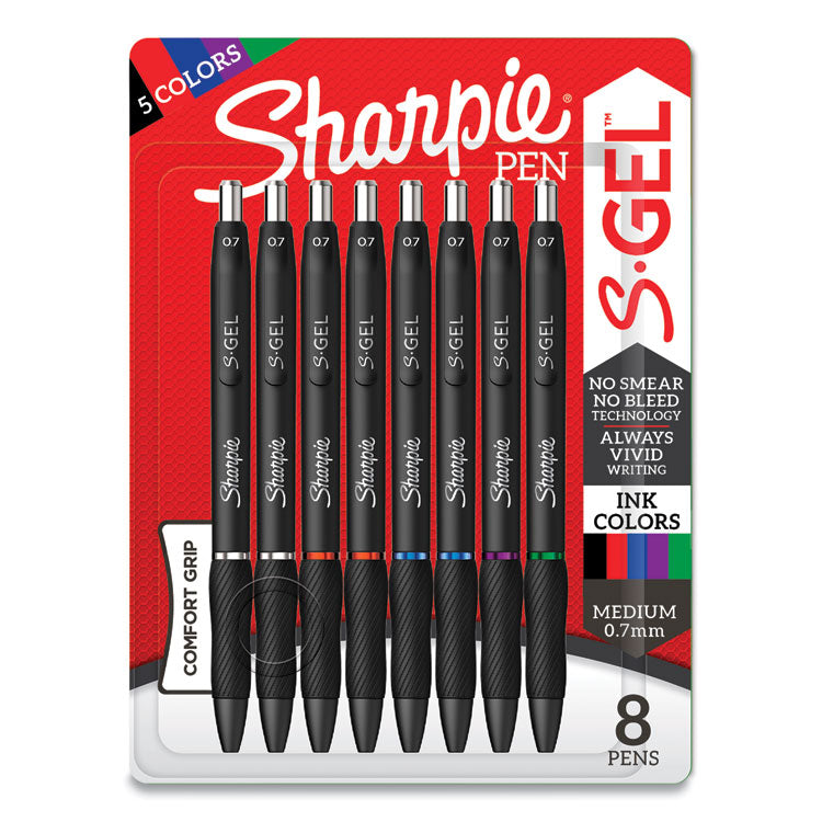 Sharpie S-Gel - S-Gel High-Performance Gel Pen, Retractable, Medium 0.7 mm, Five Assorted Ink Colors, Black Barrel, 8/Pack