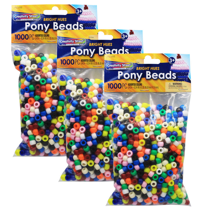 CREATIVITY STREET - Pony Beads, Assorted Bright Hues, 6 mm x 9 mm, 1000 Per Pack, 3 Packs