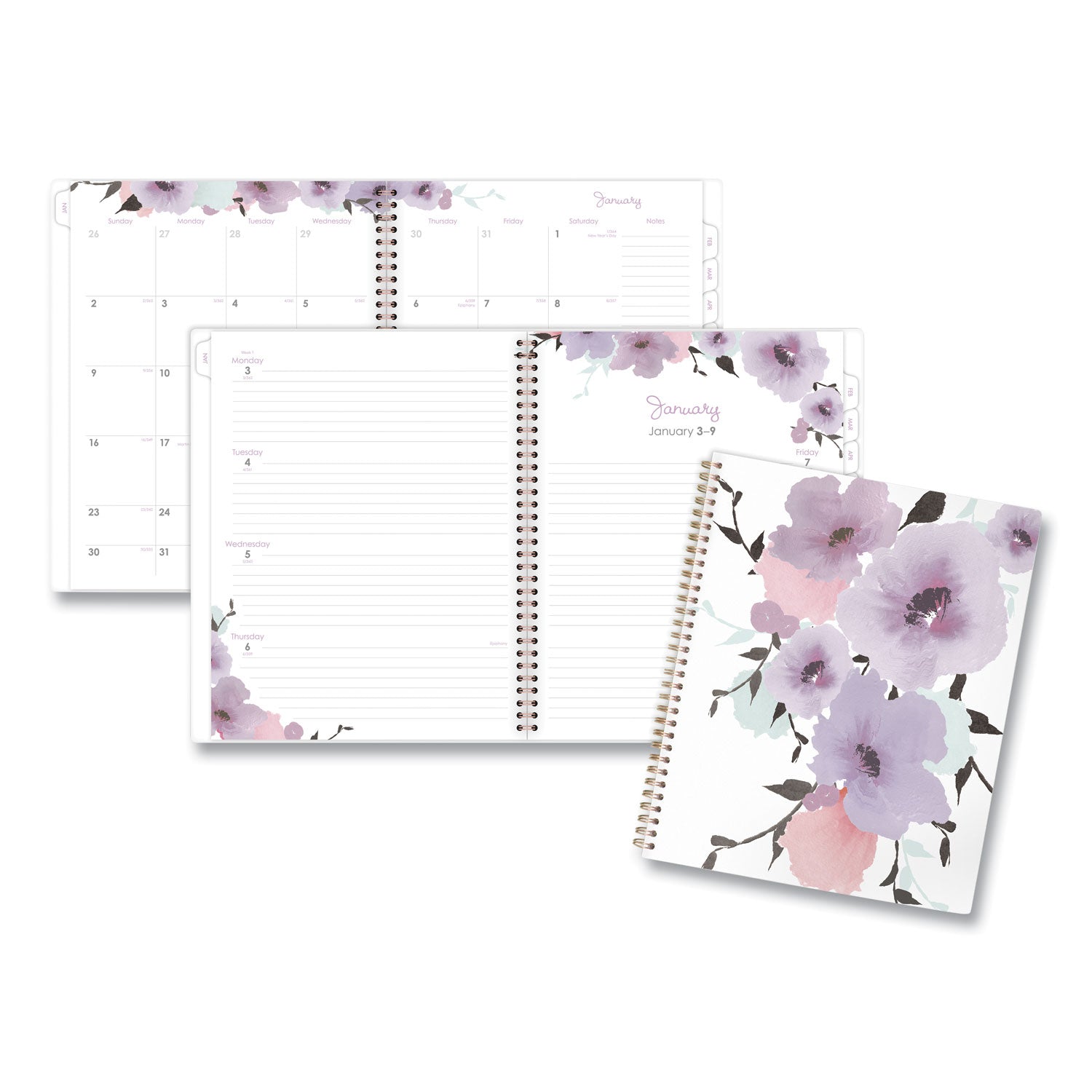Mina Weekly/Monthly Planner, Floral Artwork, 11 x 8.5, White/Violet/Peach Cover, 12-Month (Jan to Dec): 2026