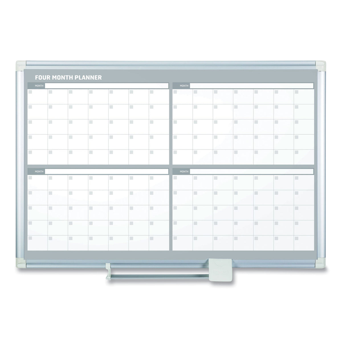 Magnetic Dry Erase Calendar Board, Four-Month Planning/Scheduling, 48" x 36", White Surface, Satin Aluminum Frame