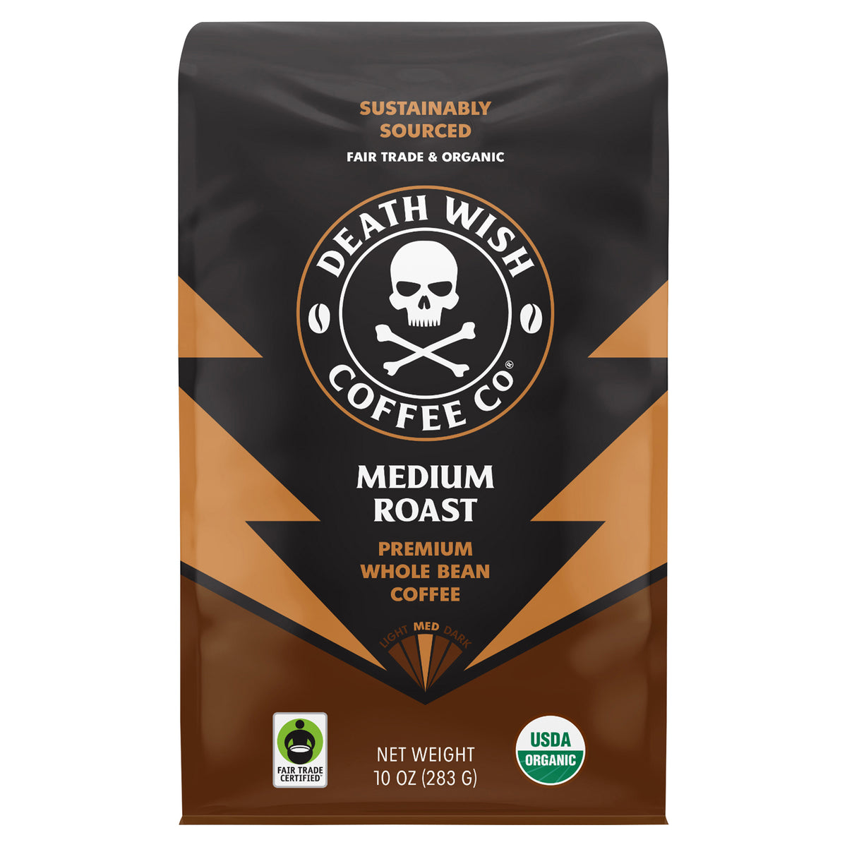 Death Wish Coffee, Organic and Fair Trade, Medium Roast, Whole Bean Coffee, 10 oz - Case of 6