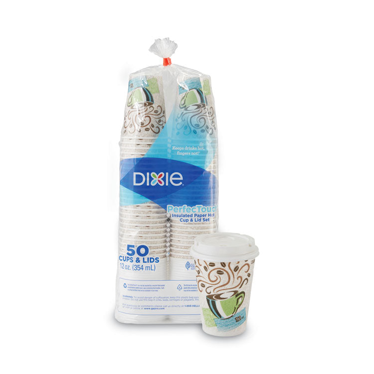 Dixie - PerfecTouch Paper Hot Cups and Lids Combo, 12 oz, Multicolor, 50 Cups/Lids/Pack