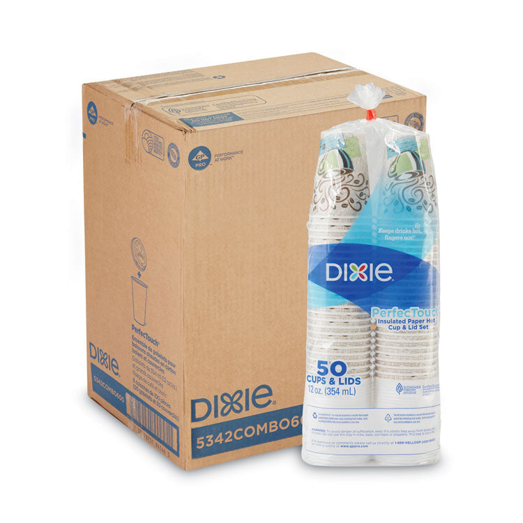 Dixie - PerfecTouch Paper Hot Cups and Lids Combo, 12 oz, Multicolor, 50 Cups/Lids/Pack, 6/Packs/Carton