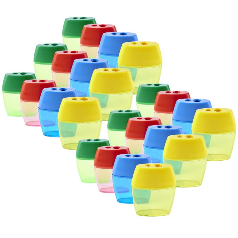 CHARLES LEONARD - Pencil Sharpener, Deluxe Two-Hole Style with Shaving Receptacle, Assorted Colors, Pack of 24