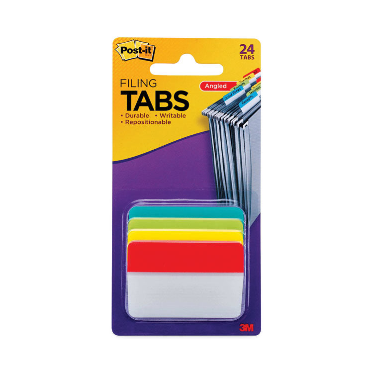 Post-it Tabs - 2" Plain Solid Color Angled Tabs, 1/5-Cut, Assorted Colors, 2" Wide, 24/Pack