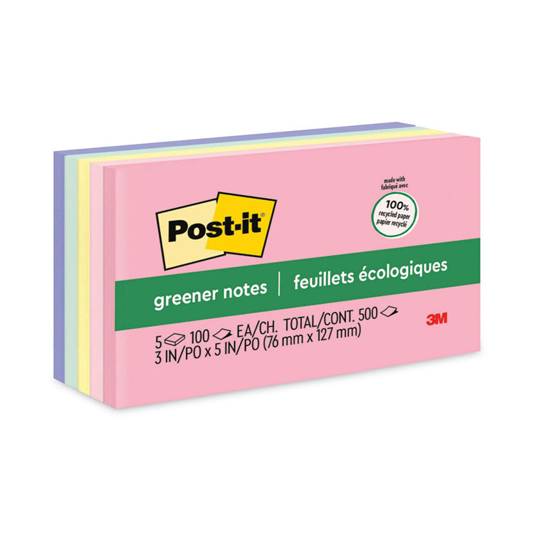 Post-it Greener Notes - Original Recycled Note Pads, 3" x 5", Sweet Sprinkles Collection Colors, 100 Sheets/Pad, 5 Pads/Pack