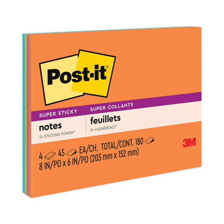 Post-it Notes Super Sticky - Meeting Notes in Energy Boost Collection Colors, 8" x 6", 45 Sheets/Pad, 4 Pads/Pack