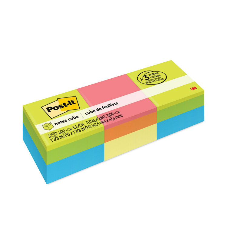 Post-it Notes - Mini Cubes, 1.88" x 1.88", Green Wave and Orange Wave Collections, 400 Sheets/Cube, 3 Cubes/Pack