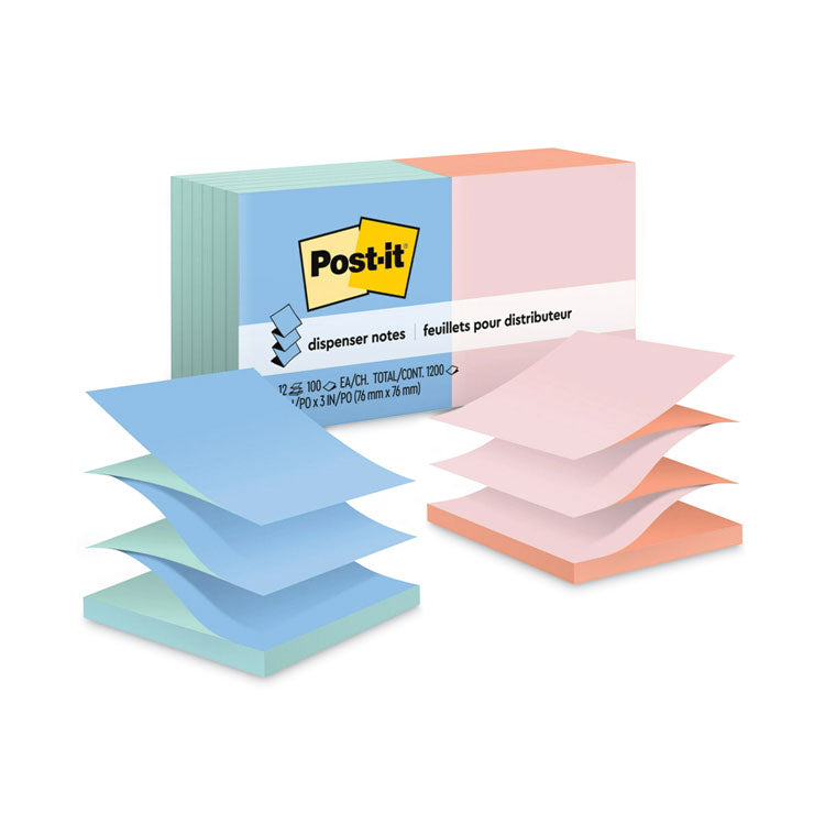 Post-it Dispenser Notes - Original Pop-up Refill, Beachside Cafe Collection Alternating-Color Value Pack, 3" x 3", 100 Sheets/Pad, 12 Pads/Pack