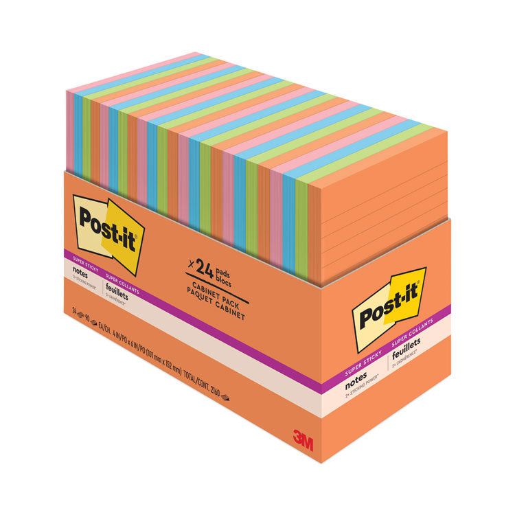 Post-it Notes Super Sticky - Pads in Energy Boost Collection Colors, Note Ruled, 4" x 6", 45 Sheets/Pad, 24 Pads/Pack