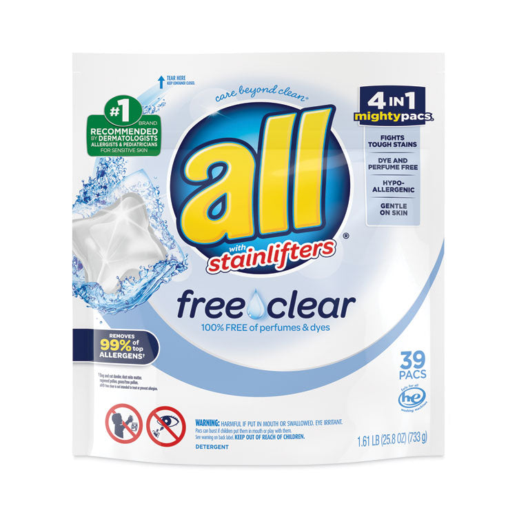 All - Mighty Pacs Free and Clear Super Concentrated Laundry Detergent, 39/Pack, 6 Packs/Carton
