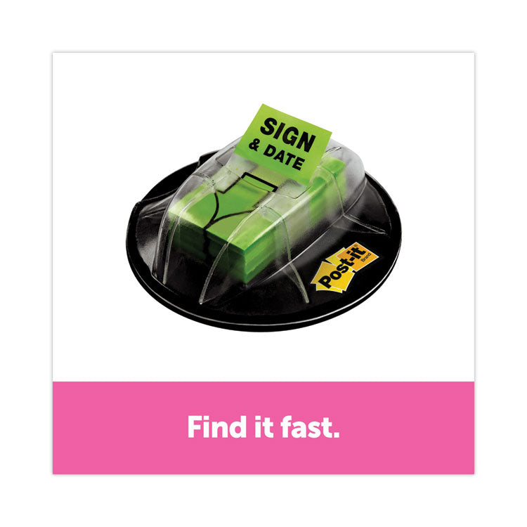 Post-it Flags - Page Flags in Dispenser, "Sign and Date", Bright Green, 200 Flags/Dispenser