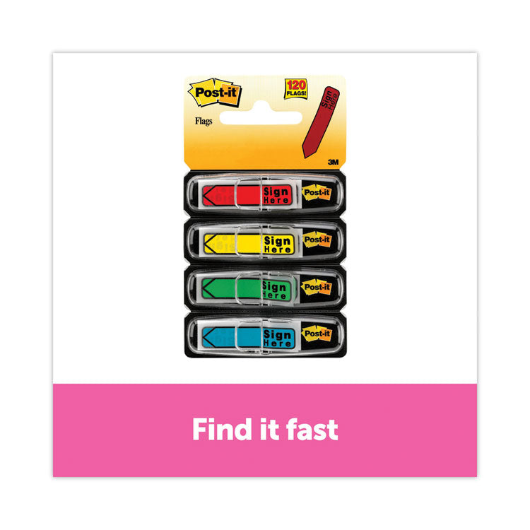 Post-it Flags - Arrow Message 0.5" Page Flags w/Dispensers, "Sign Here", Asst Primary, 30 Flags Dispenser, 4 Dispensers/Pack