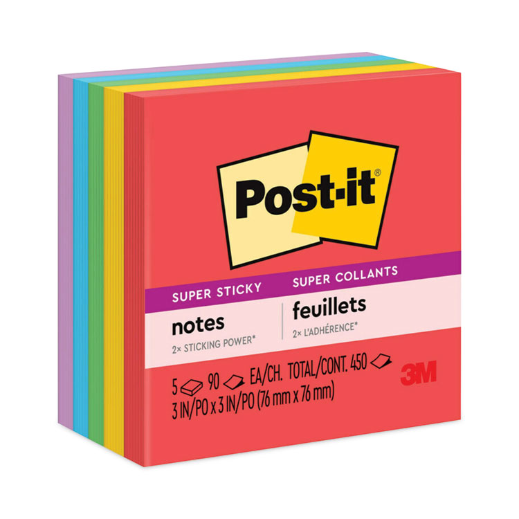 Post-it Notes Super Sticky - Pads in Playful Primary Collection Colors, 3" x 3", 90 Sheets/Pad, 5 Pads/Pack
