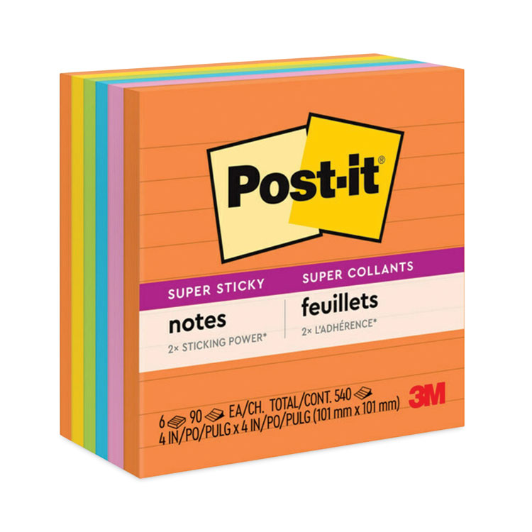 Post-it Notes Super Sticky - Pads in Energy Boost Collection Colors, Note Ruled, 4" x 4", 90 Sheets/Pad, 6 Pads/Pack