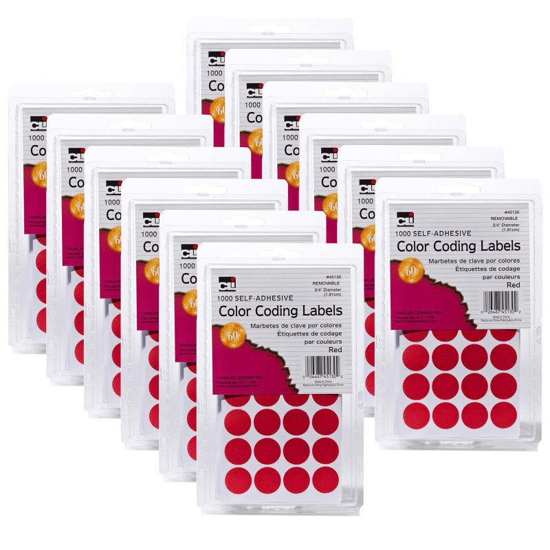 CHARLES LEONARD - Color Coding Labels, 3/4", Red, 1000 Per Pack, 12 Packs