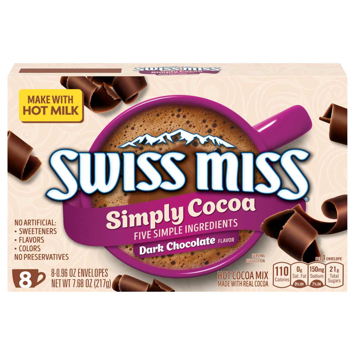 Swiss Miss Simply Cocoa Dark Chocolate Flavored Hot Cocoa Mix, 8 Count Hot Cocoa Mix Packets - Case of 12