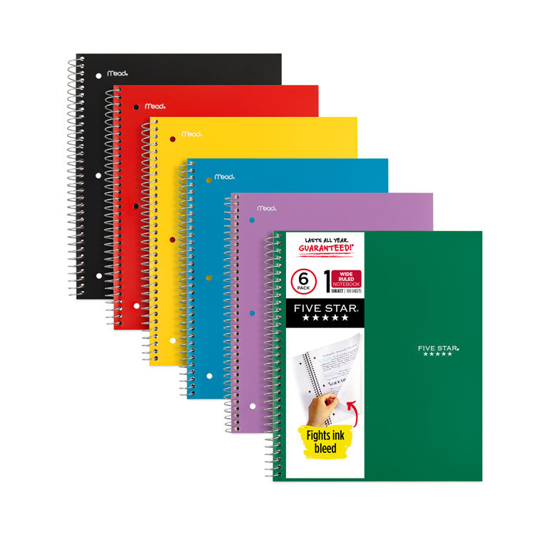 Five Star - Wirebound Notebook, 1 Subject, Wide/Legal Rule, Randomly Assorted Covers, 10.5 x 8, 100 Sheets, 6/Pack