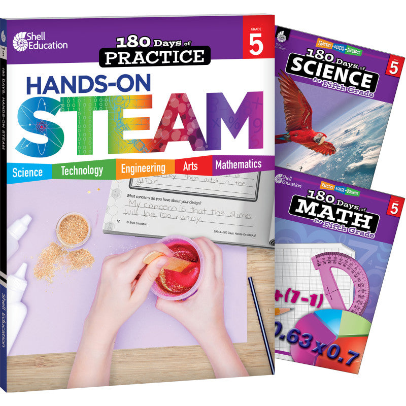 SHELL EDUCATION - 180 Days STEAM, Science, & Math Grade 5: 3-Book Set