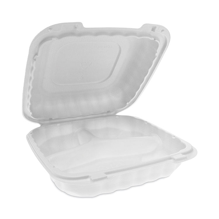 Pactiv Evergreen - EarthChoice SmartLock Microwavable MFPP Hinged Lid Container, 3-Compartment, 8.31 x 8.35 x 3.1, White, Plastic, 200/Carton