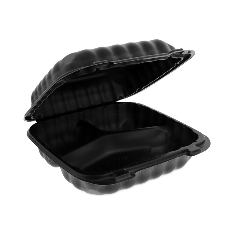 Pactiv Evergreen - EarthChoice SmartLock Microwavable MFPP Hinged Lid Container, 3-Compartment, 8.3 x 8.3 x 3.4, Black, Plastic, 200/Carton