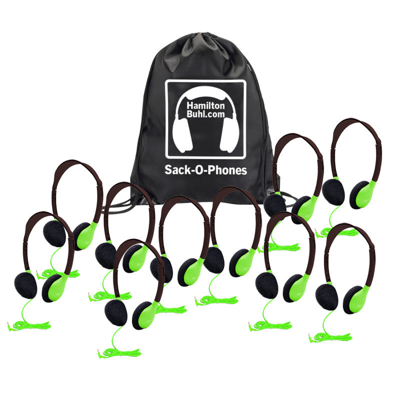 HAMILTONBUHL - Sack-O-Phones, 10 Personal Headphones in a Carry Bag, Green