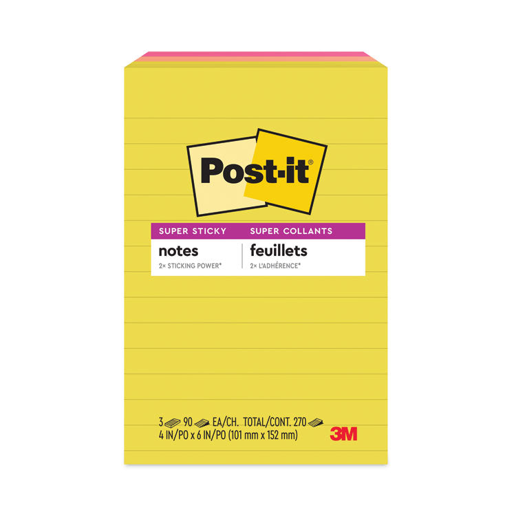 Post-it Notes Super Sticky - Note Pads in Summer Joy Collection Colors, 4" x 6", Note Ruled, Summer Joy Collection Colors, 90 Sheets/Pad, 3 Pads/Pack