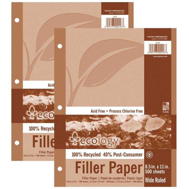 ECOLOGY - Recycled Filler Paper, White, 3-Hole Punched, 3/8" Ruled w/ Margin 8-1/2" x 11", 500 Sheets Per Pack, 2 Packs
