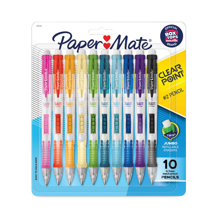 Paper Mate - Clear Point Mechanical Pencil, 0.7 mm, HB (#2), Black Lead, Assorted Barrel Colors, 10/Pack