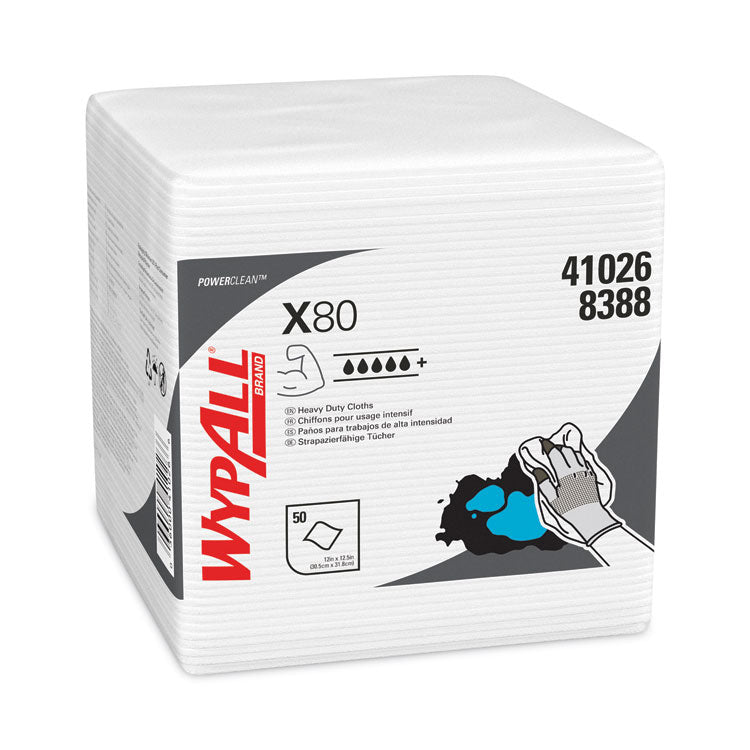 WypAll - Power Clean X80 Heavy Duty Cloths, 1/4 Fold, 12.5 x 12, White, 50/Box, 4 Boxes/Carton
