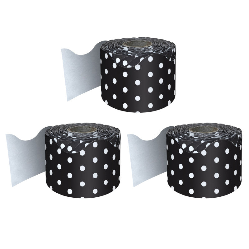 CARSON DELLOSA EDUCATION - Black with White Polka Dots Rolled Scalloped Border, 65 Feet Per Roll, Pack of 3