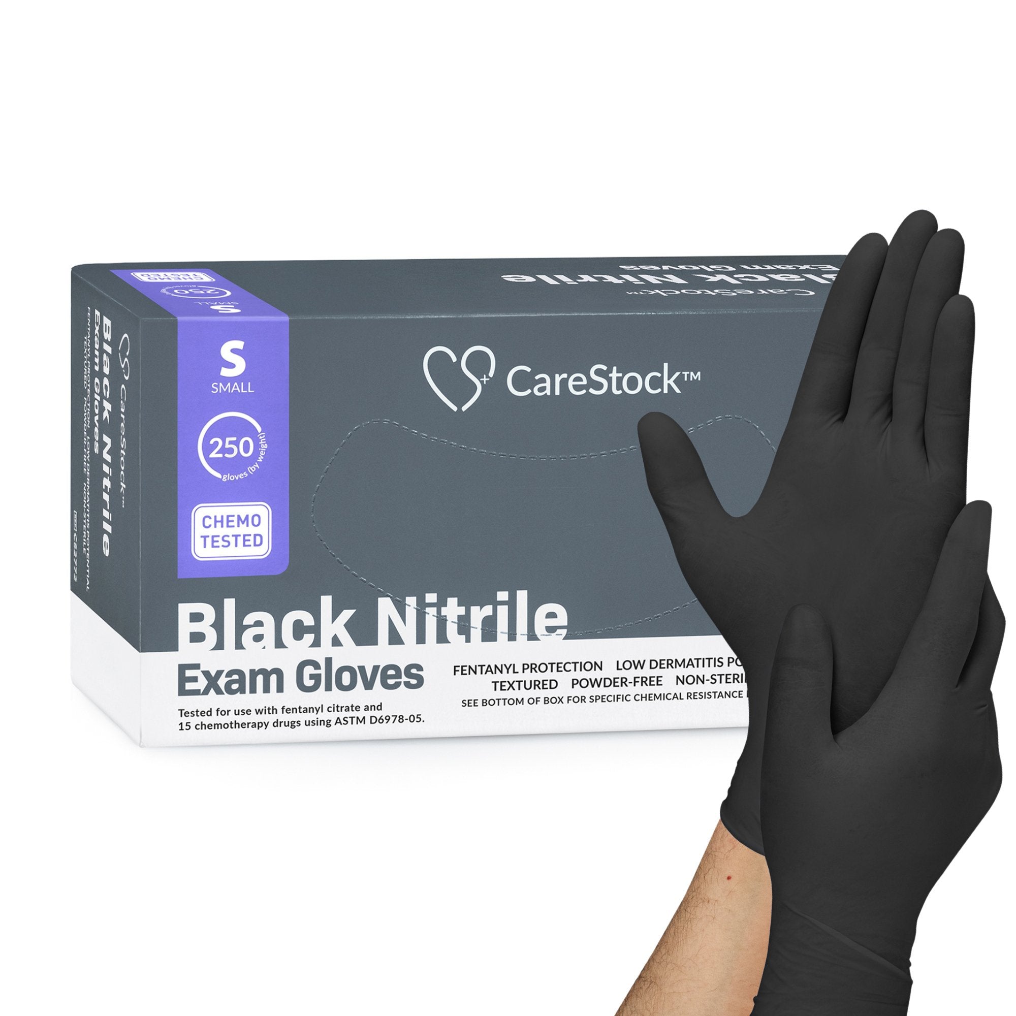 CareStock - Exam Glove CareStock™ Small NonSterile Nitrile Standard Cuff Length Fully Textured Black Not Rated [250/BX]