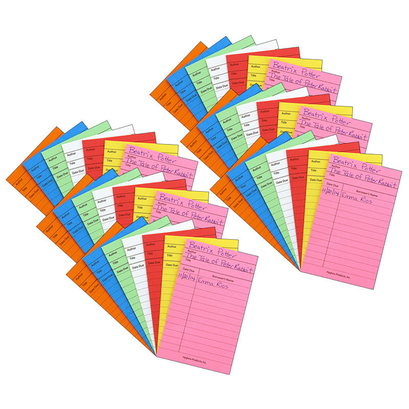 HYGLOSS - Bright Library Cards, Assorted Colors, 50 Per Pack, 6 Packs